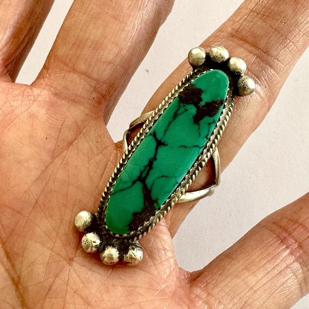 Navajo Turquoise Ring‎ Sz 8 Flat Cab Sterling Signed Selina Warner Native Amer
